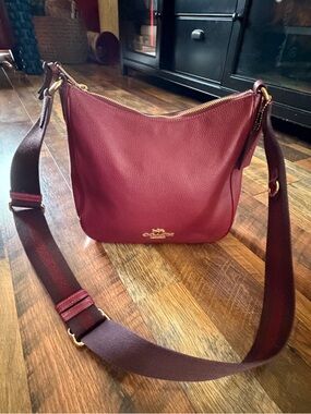 Coach Pebbled Leather Crossbody Bag in Burgundy with Adjustable Strap